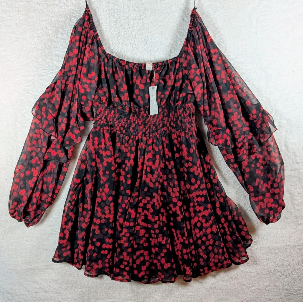 548-Anthropologie Red‎ and Black Off-Shoulder Blouse - Picture 2 of 6